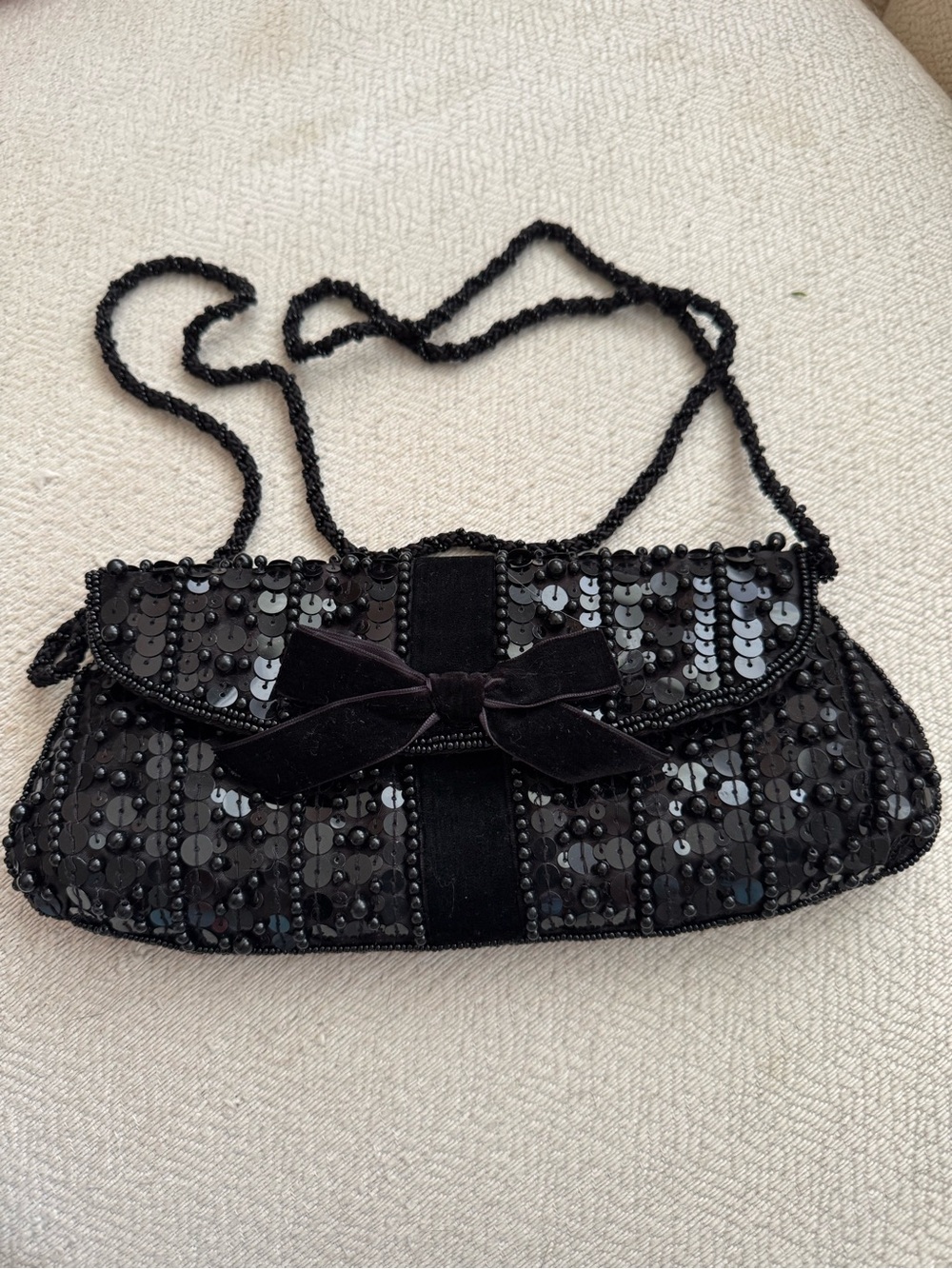 La Regale Black Sequin Bow Evening Shoulder Bag